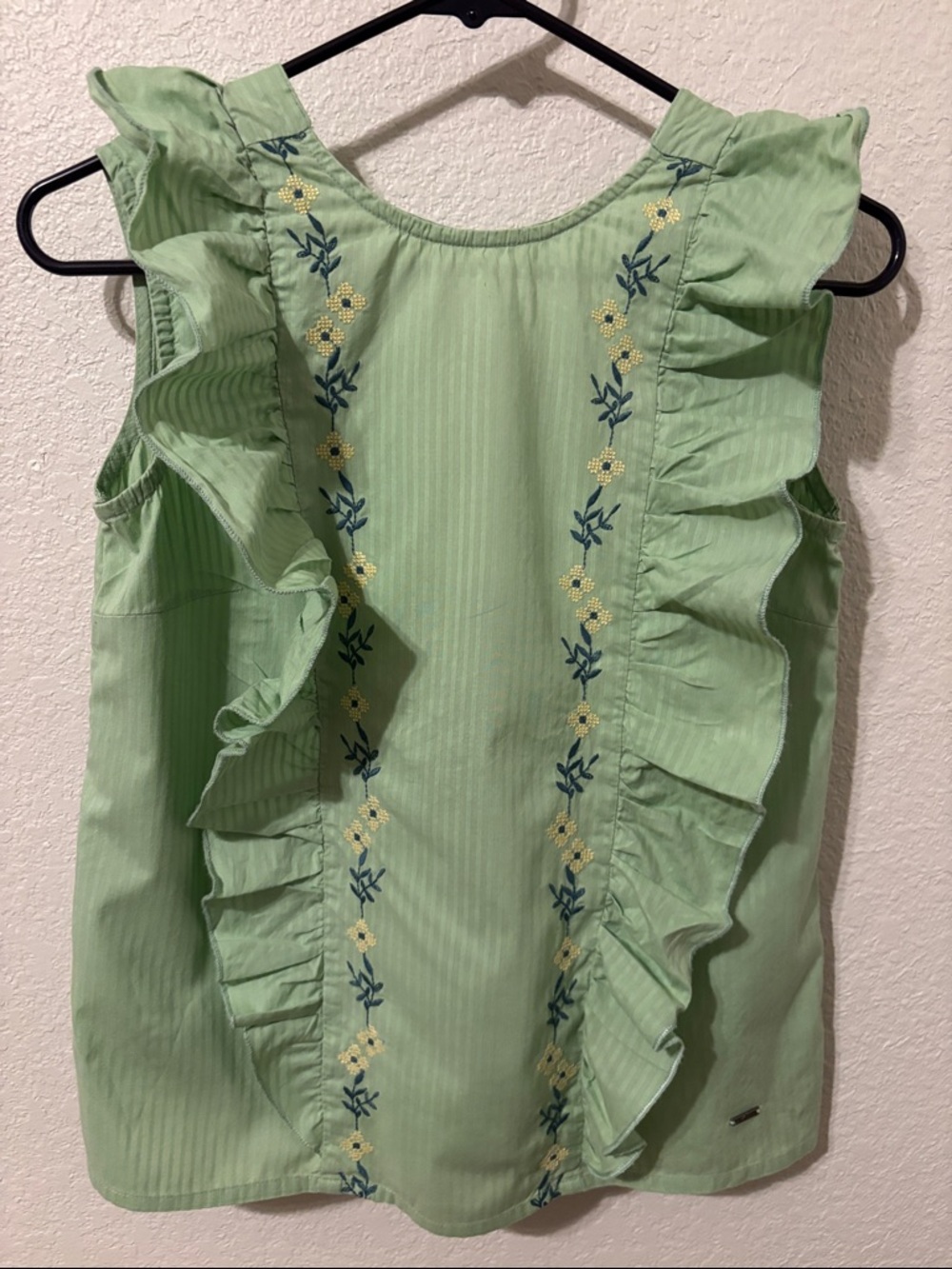 Allen Solly Sage Green Ruffle Floral Embroidered Sleeveless Top